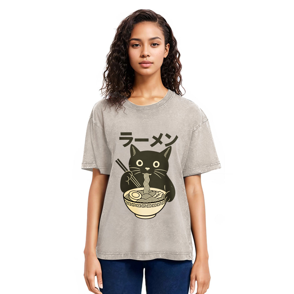 Tokyosol Simple Black Cat Eating Ramen Washed T Shirt