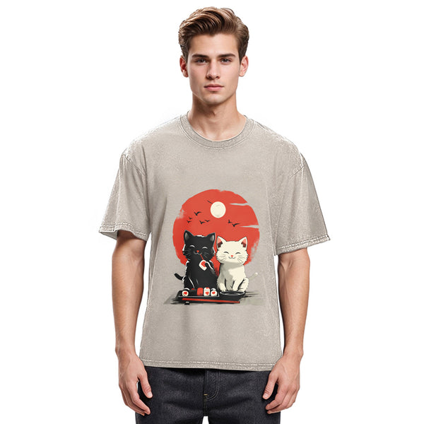 Tokyosol Black And White Cat Vintage Washed T Shirt