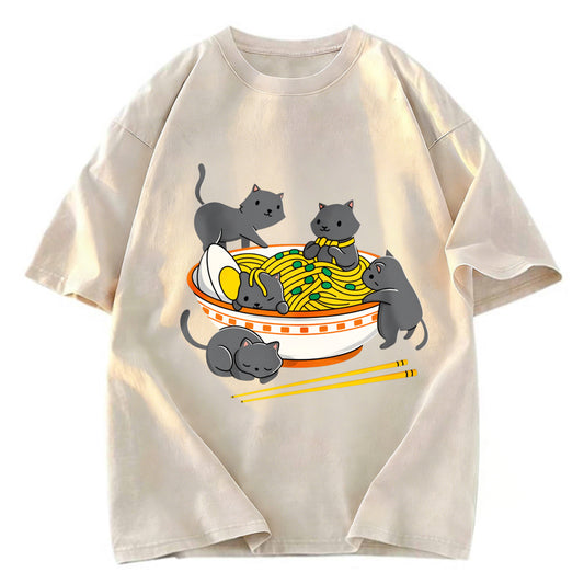 Tokyosol Kawaii Anime Cat Japanese Ramen Washed T Shirt