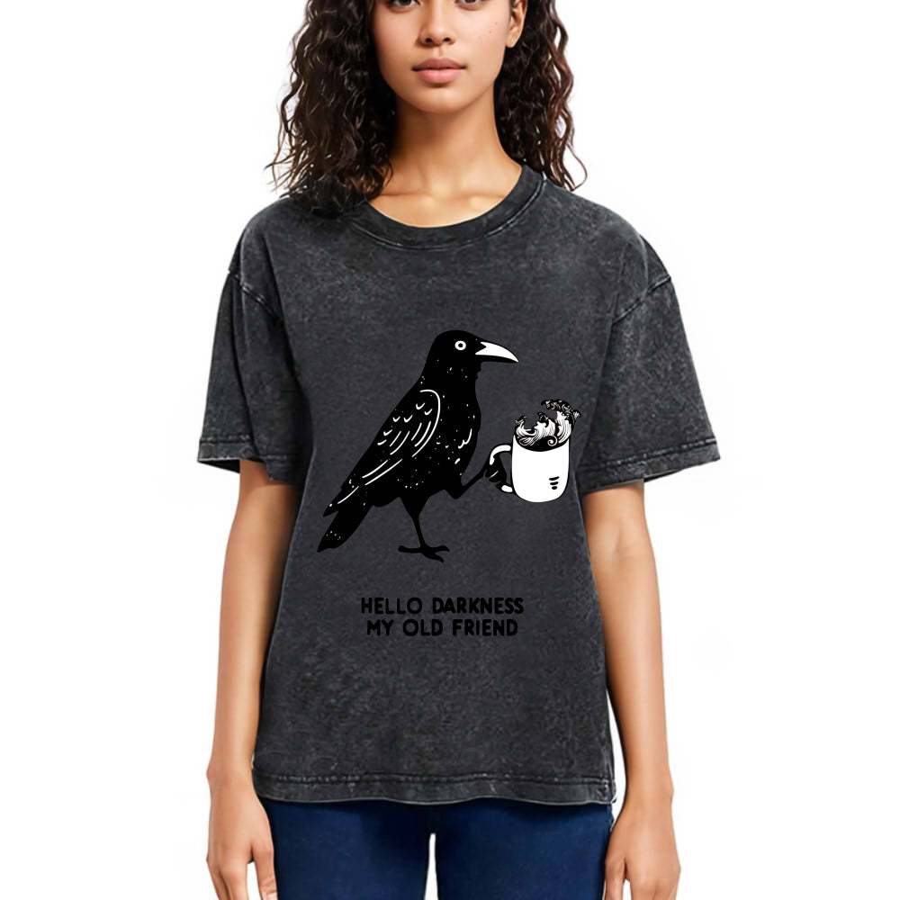 Tokyosol Crow Drinking Black Coffee Funny Washed T Shirt