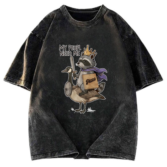 Tokyosol Funny Raccoon King Riding Goose Washed T Shirt