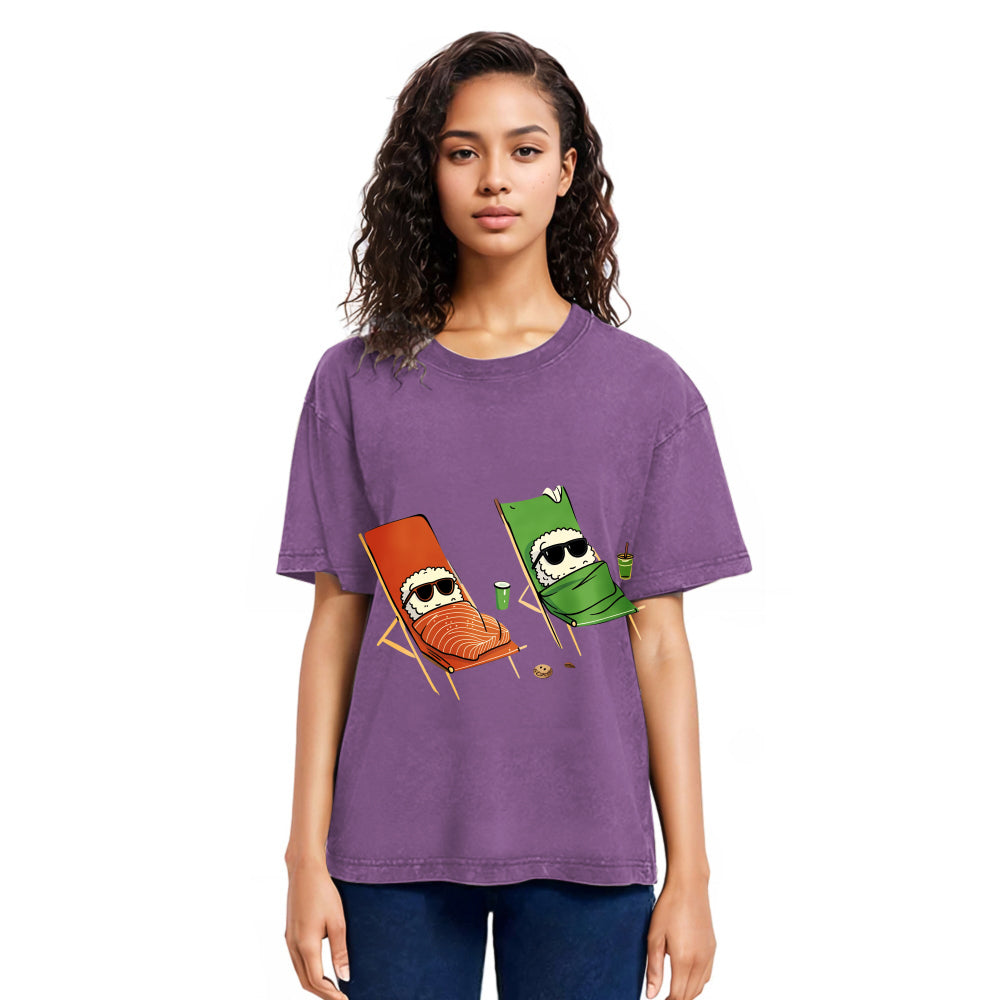 Tokyosol Funny Sushi Sunbathing Washed T Shirt
