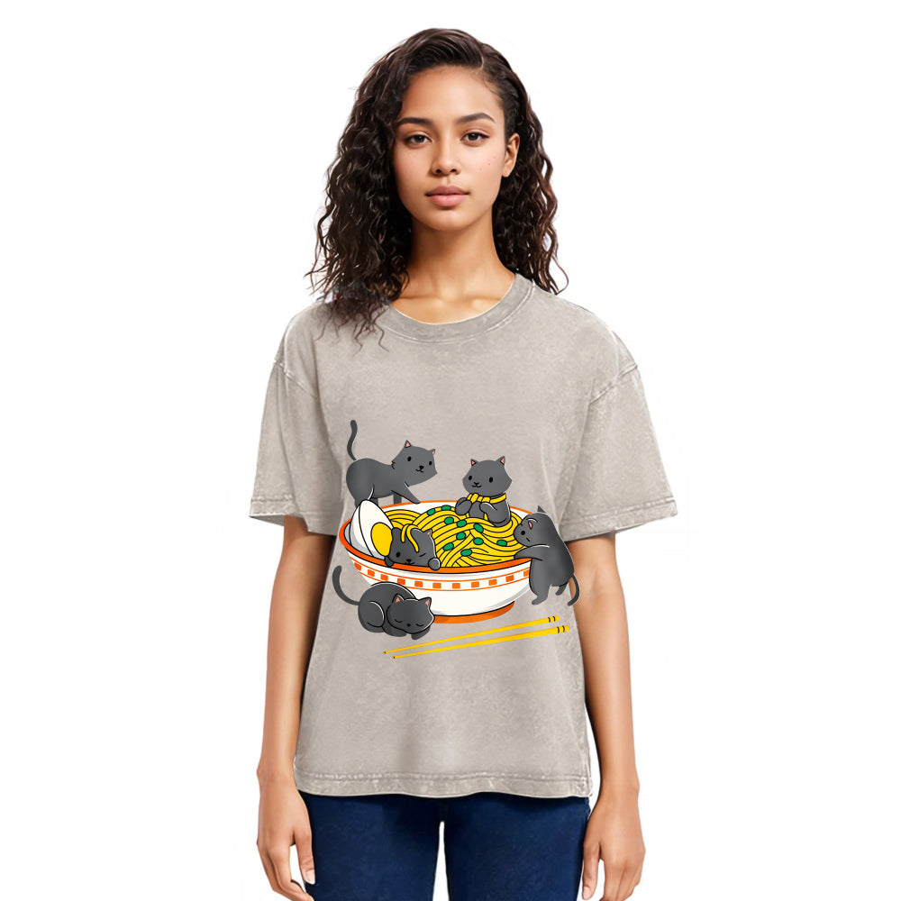 Tokyosol Kawaii Anime Cat Japanese Ramen Washed T Shirt