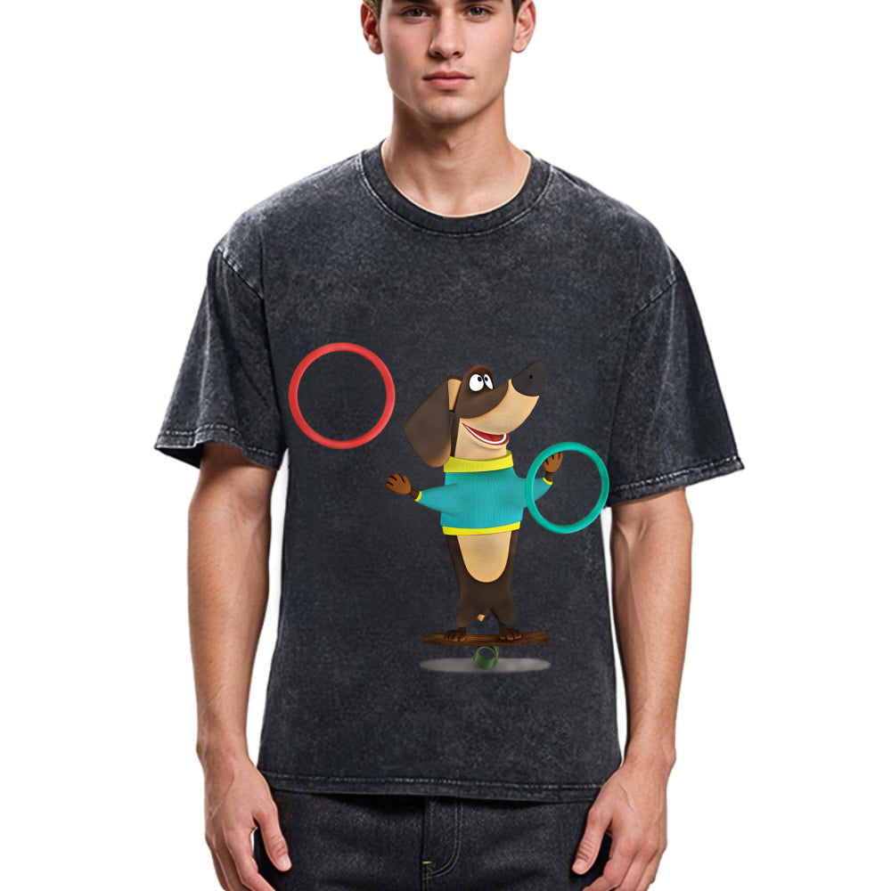 Tokyosol Dog Playing Circle Washed T-Shirt