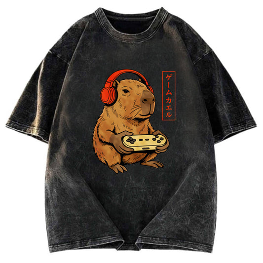 Tokyosol Japanese Gamer Capybara Washed T-Shirt