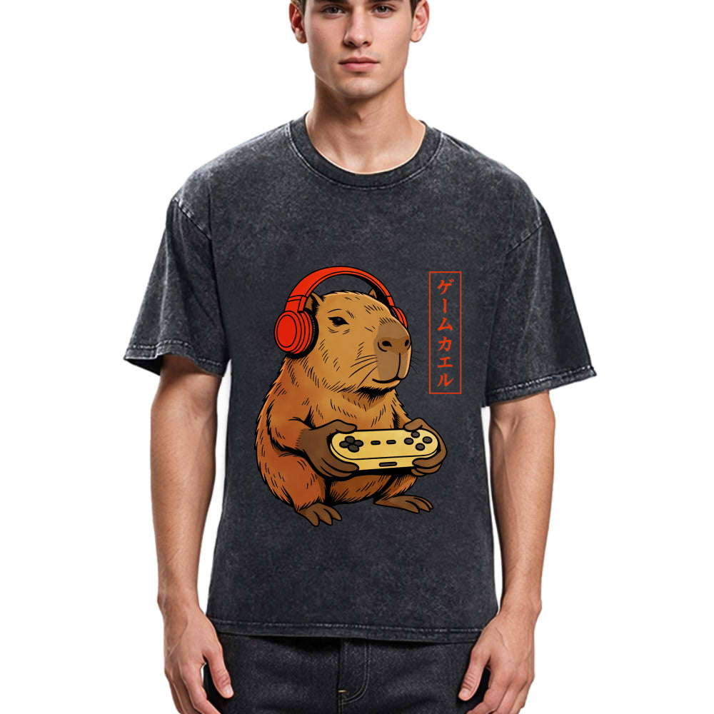 Tokyosol Japanese Gamer Capybara Washed T-Shirt