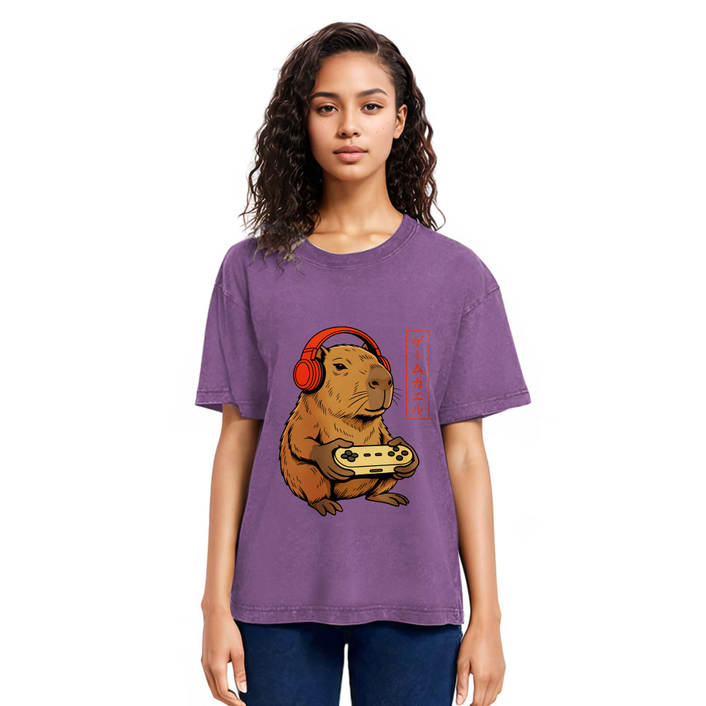 Tokyosol Japanese Gamer Capybara Washed T-Shirt