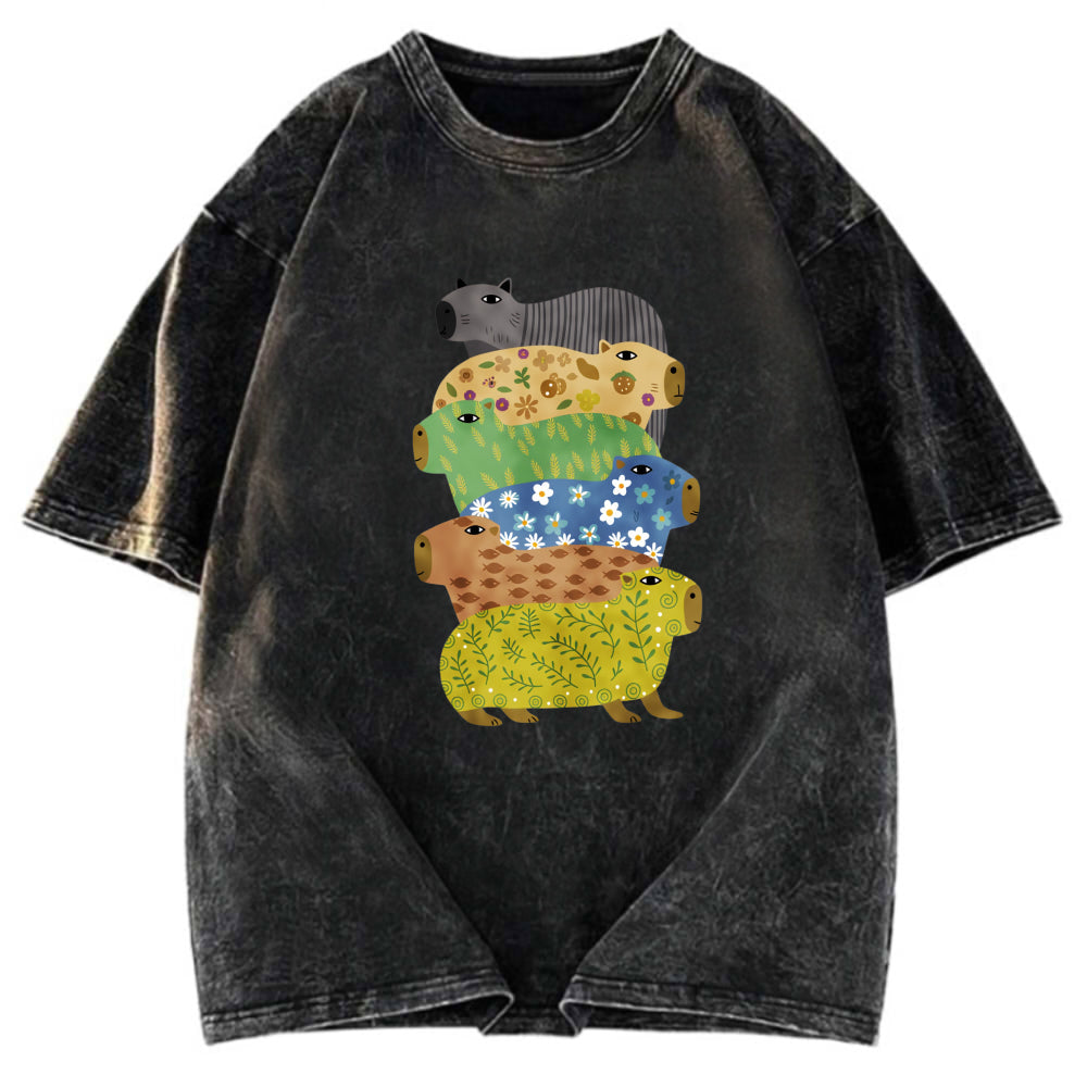 Tokyosol Colorful Capybaras Washed T-Shirt