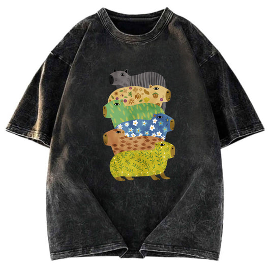 Tokyosol Colorful Capybaras Washed T-Shirt