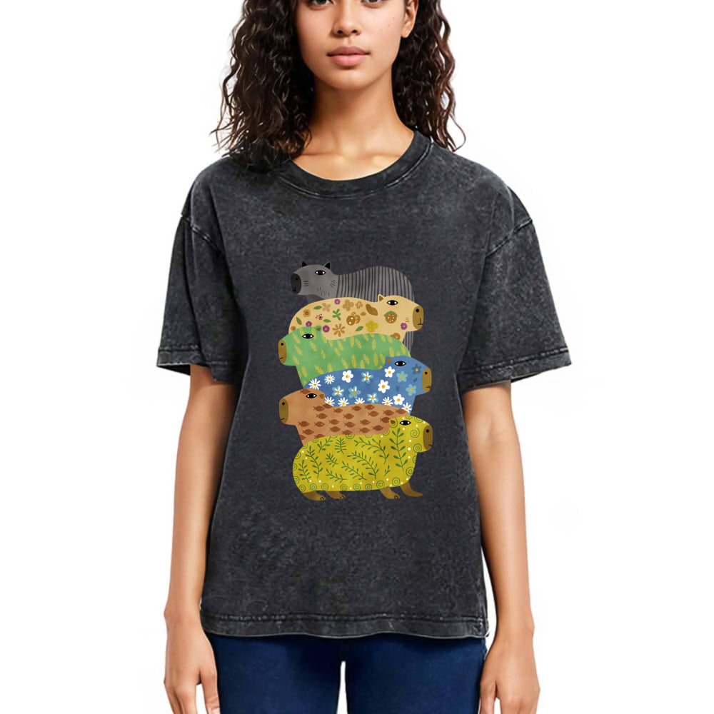 Tokyosol Colorful Capybaras Washed T-Shirt