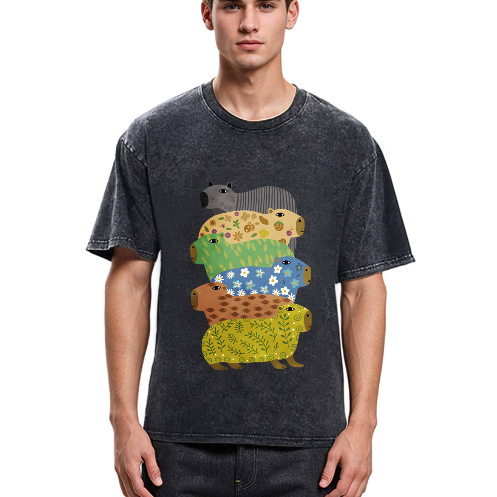Tokyosol Colorful Capybaras Washed T-Shirt