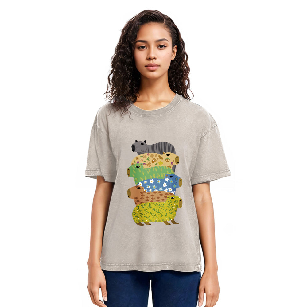 Tokyosol Colorful Capybaras Washed T-Shirt