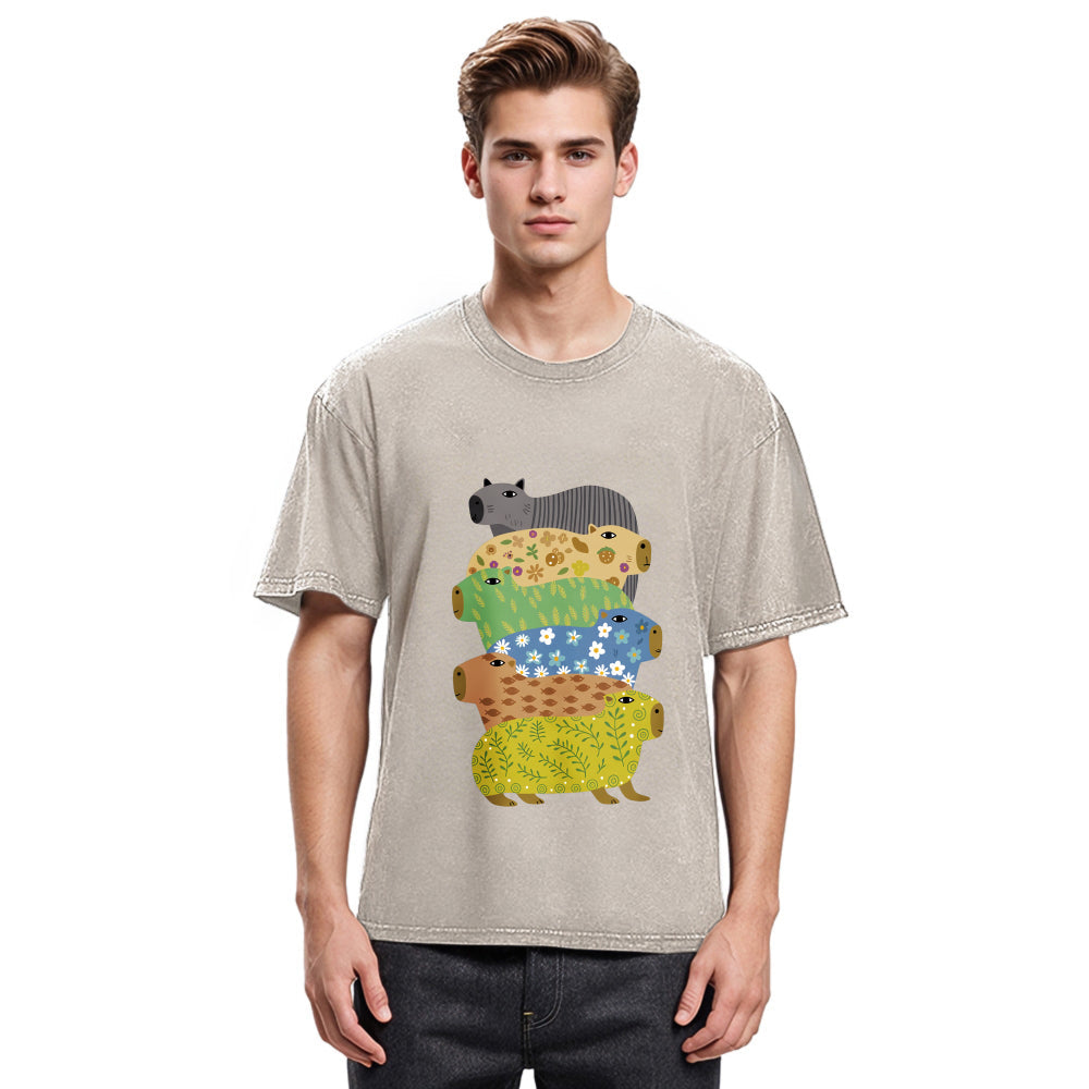 Tokyosol Colorful Capybaras Washed T-Shirt