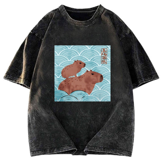 Tokyosol Kawaii Capybara Ukiyo-e Washed T-Shirt