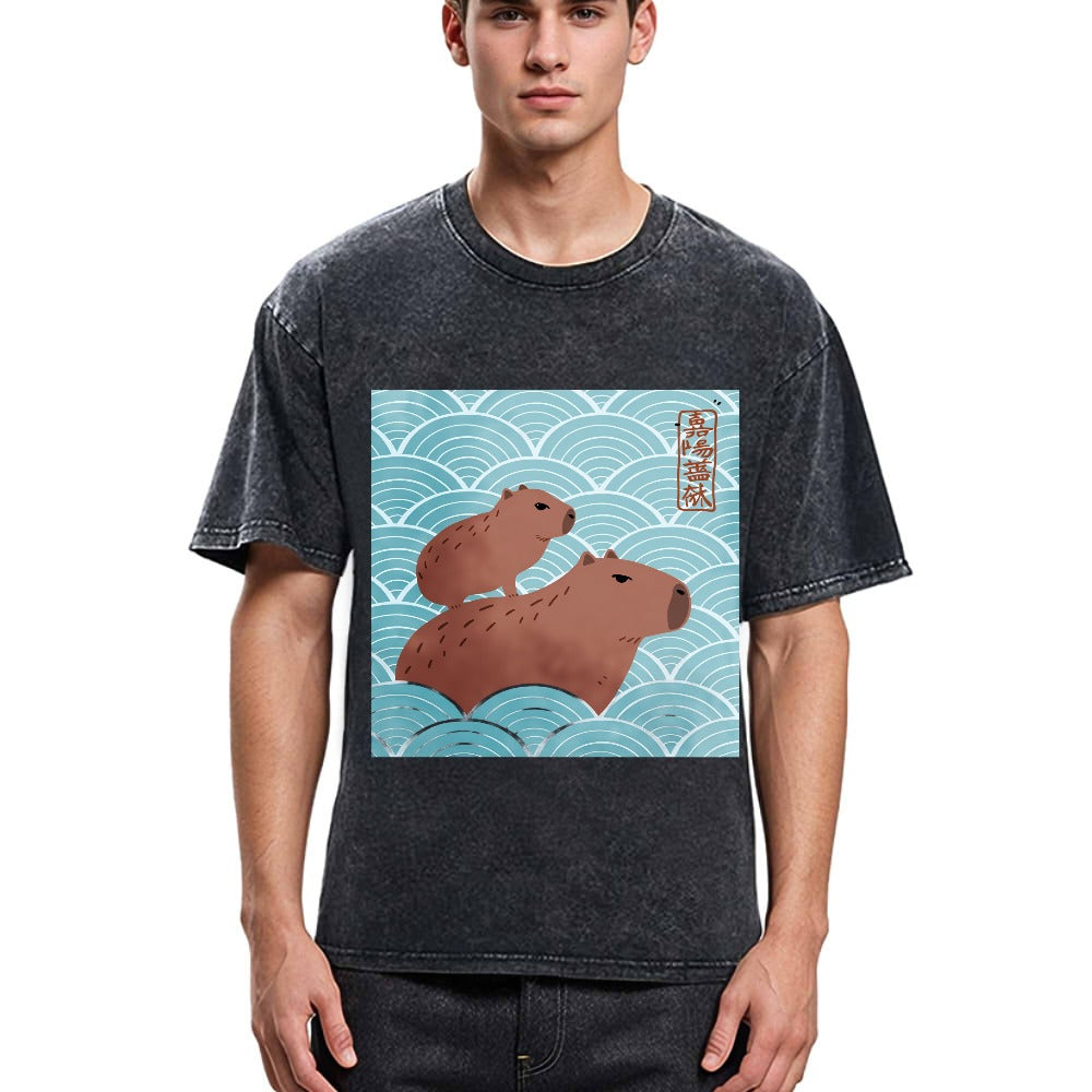 Tokyosol Kawaii Capybara Ukiyo-e Washed T-Shirt