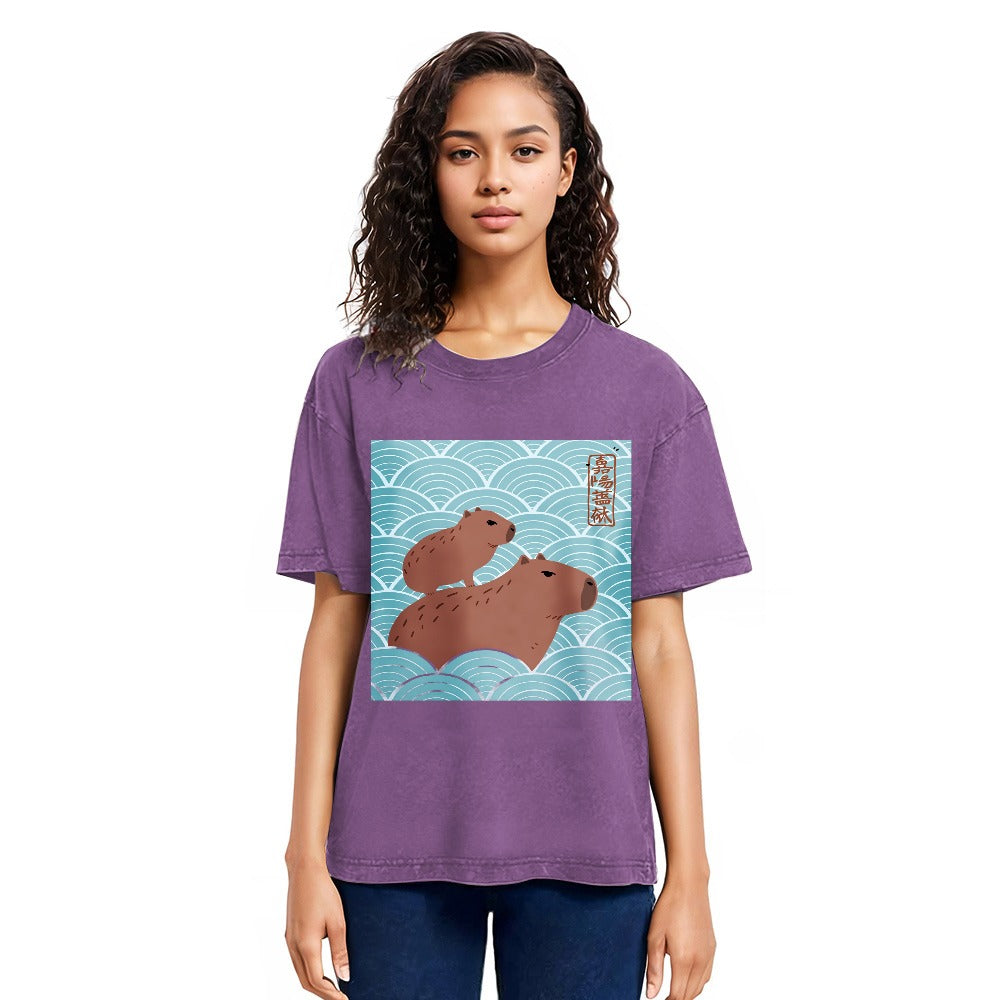 Tokyosol Kawaii Capybara Ukiyo-e Washed T-Shirt