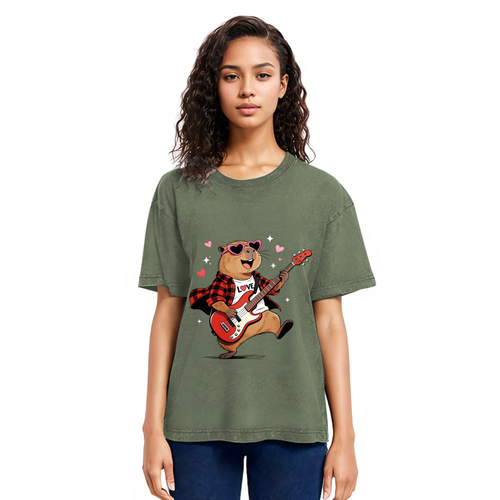 Tokyosol Cute Bear Guitar Valentine Washed T-Shirt