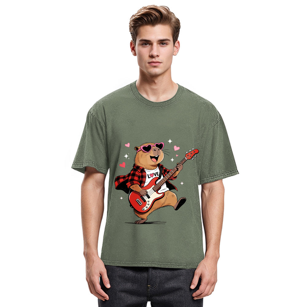 Tokyosol Cute Bear Guitar Valentine Washed T-Shirt