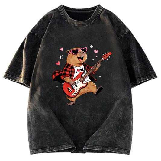 Tokyosol Cute Bear Guitar Valentine Washed T-Shirt
