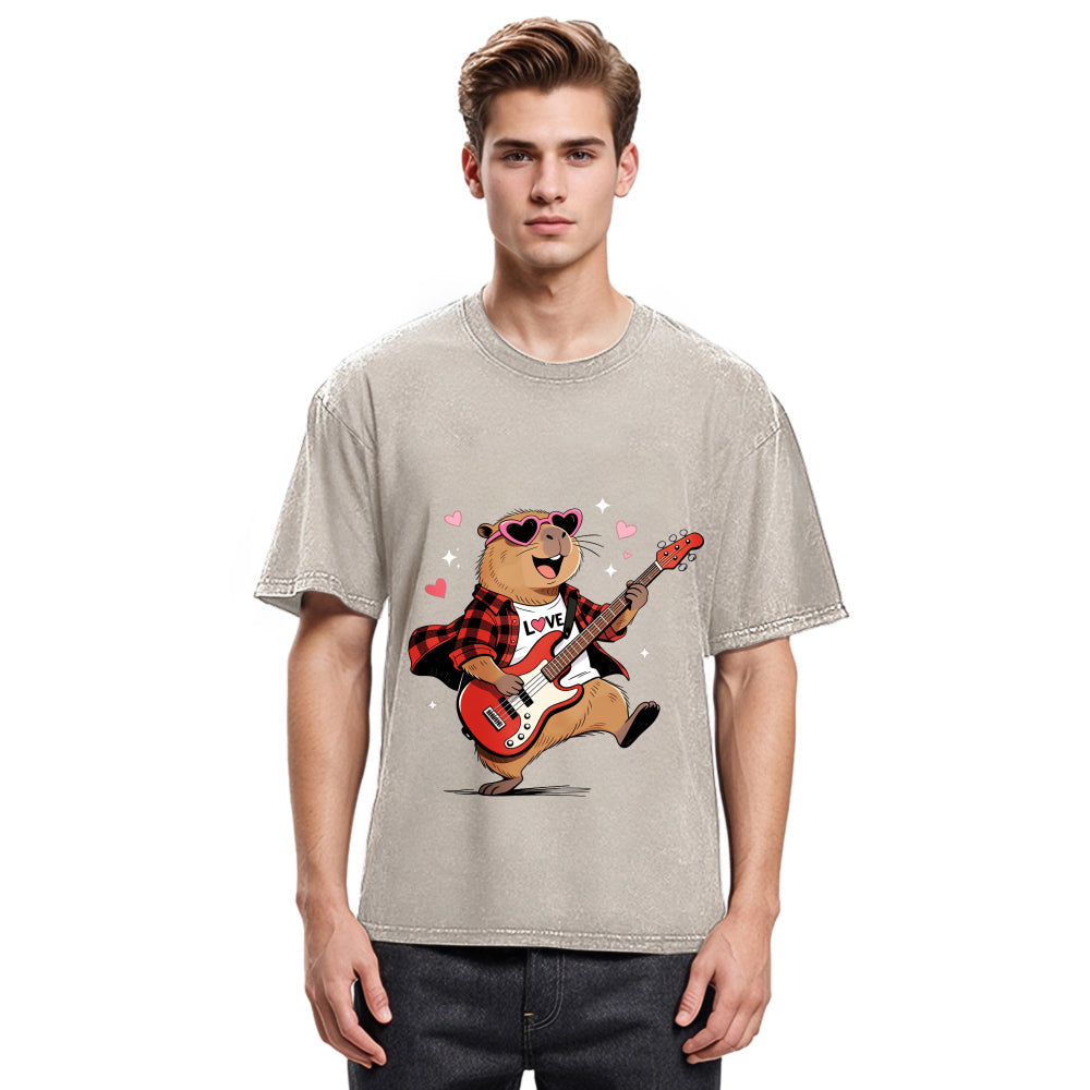 Tokyosol Cute Bear Guitar Valentine Washed T-Shirt
