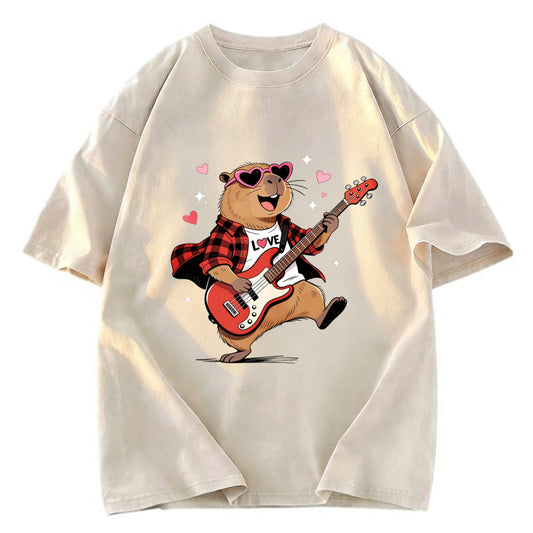 Tokyosol Cute Bear Guitar Valentine Washed T-Shirt