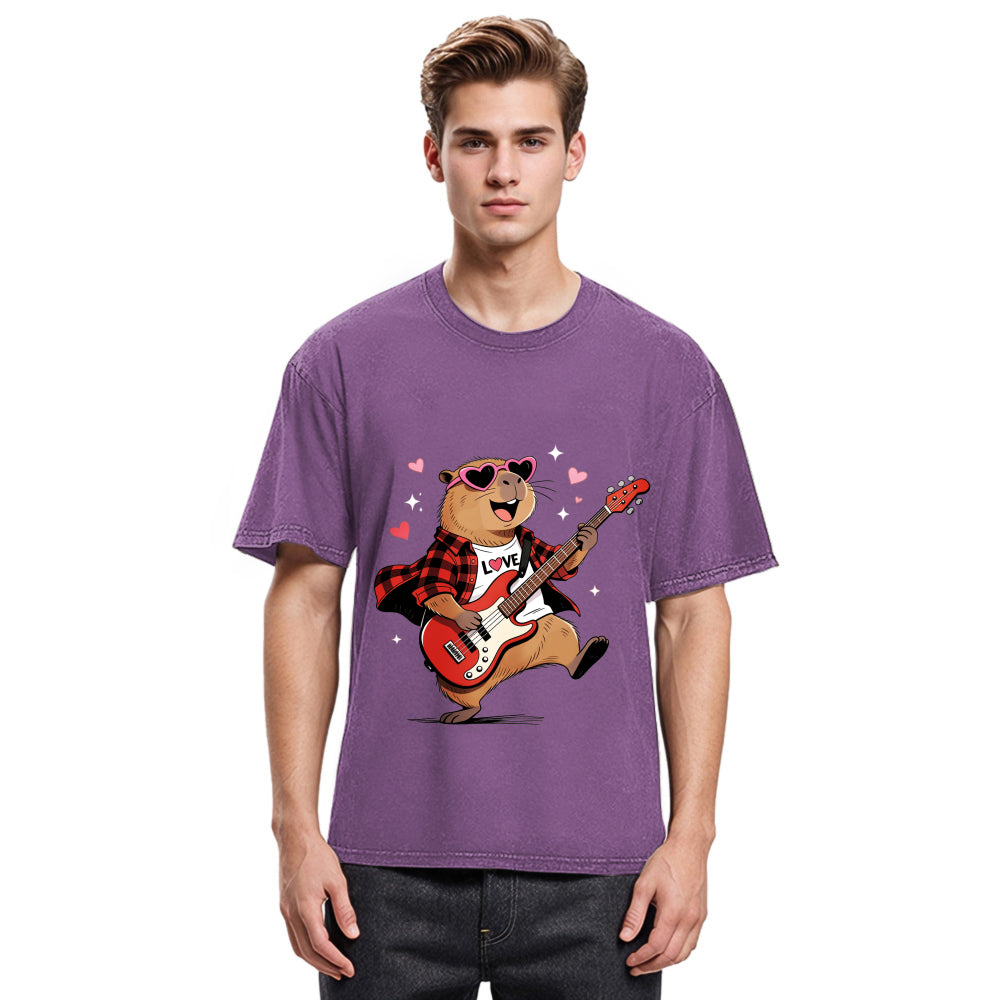 Tokyosol Cute Bear Guitar Valentine Washed T-Shirt