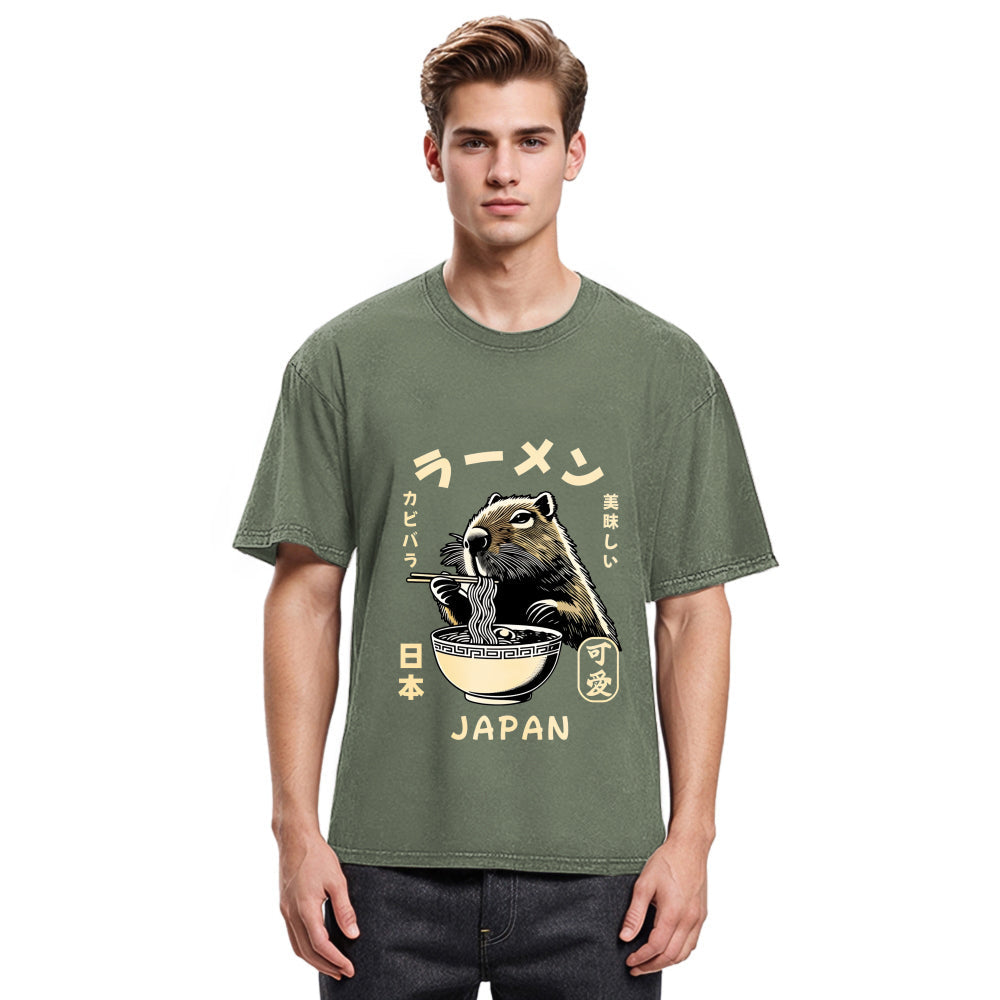 Tokyosol Retro Capybara Eating Ramen Japanese Washed T-Shirt