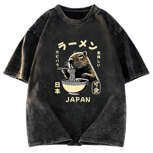 Tokyosol Retro Capybara Eating Ramen Japanese Washed T-Shirt