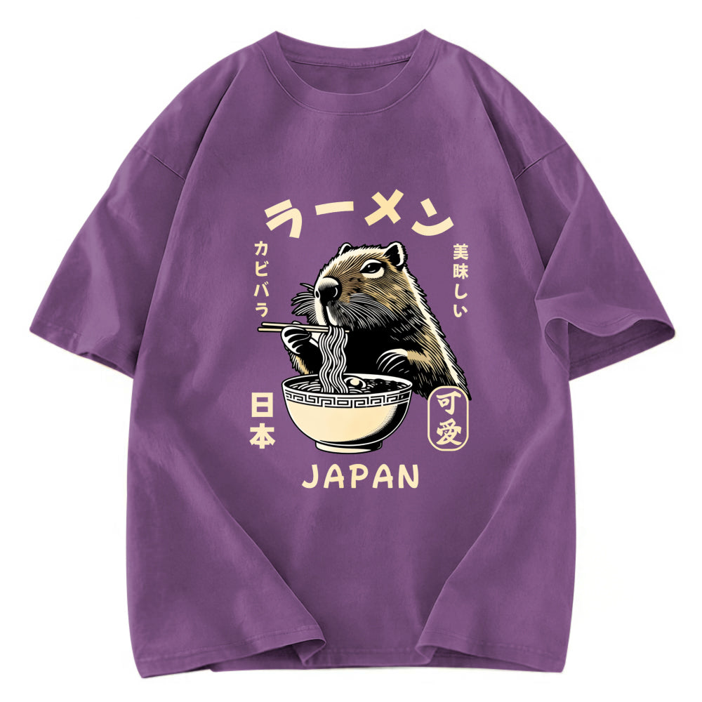 Tokyosol Retro Capybara Eating Ramen Japanese Washed T-Shirt