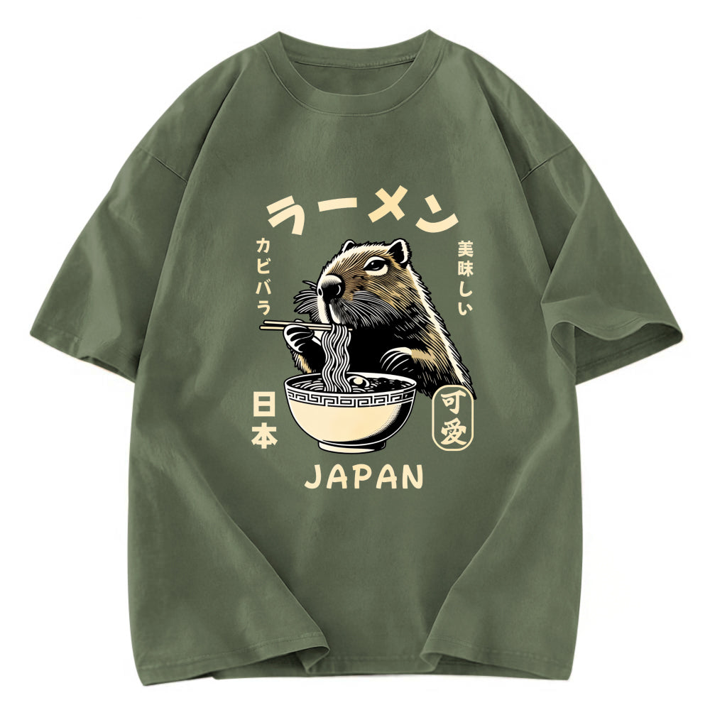 Tokyosol Retro Capybara Eating Ramen Japanese Washed T-Shirt