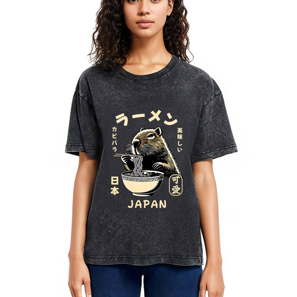 Tokyosol Retro Capybara Eating Ramen Japanese Washed T-Shirt
