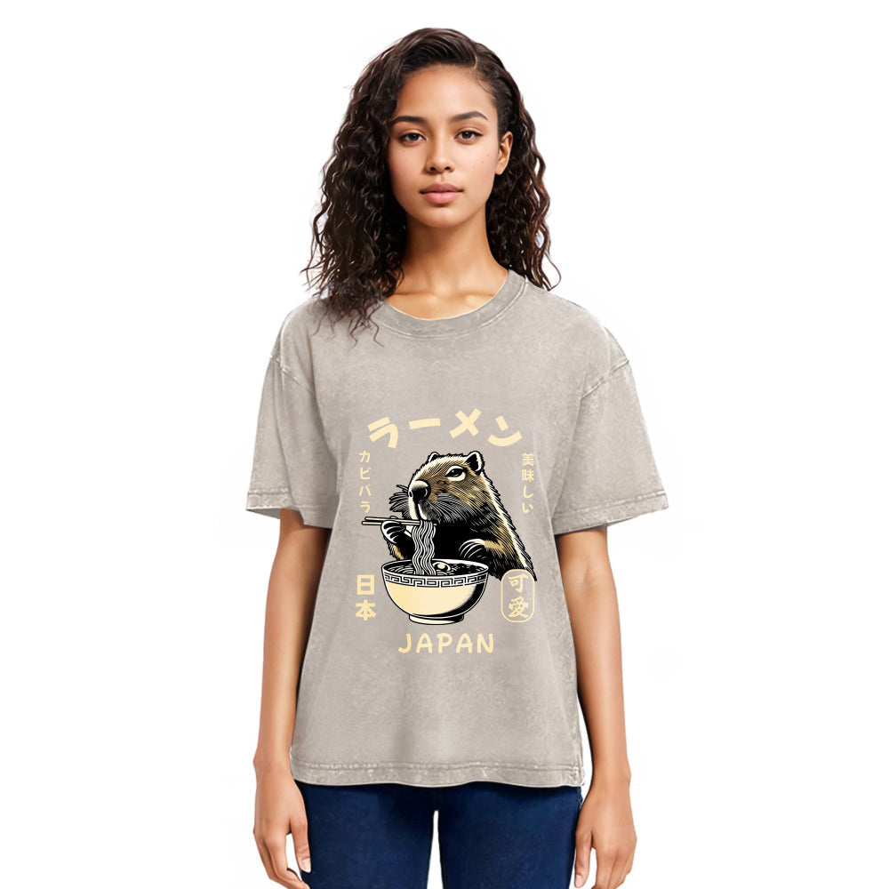 Tokyosol Retro Capybara Eating Ramen Japanese Washed T-Shirt