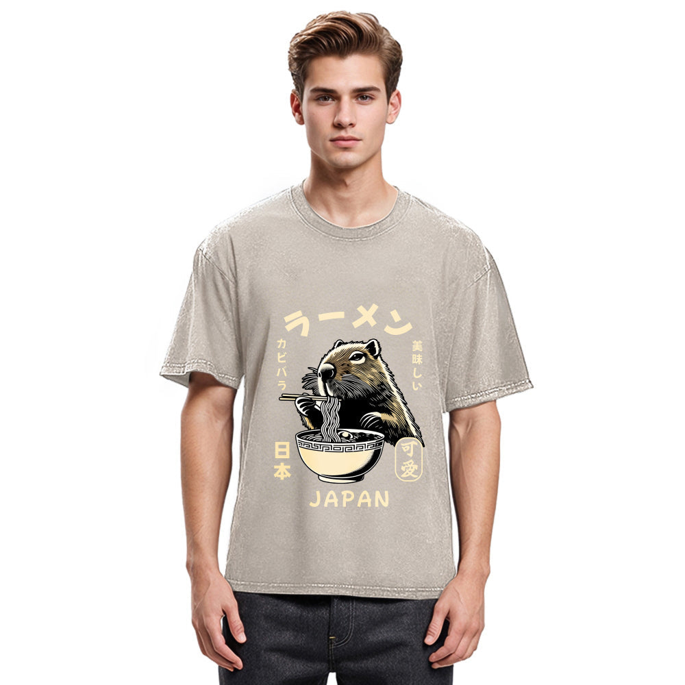 Tokyosol Retro Capybara Eating Ramen Japanese Washed T-Shirt
