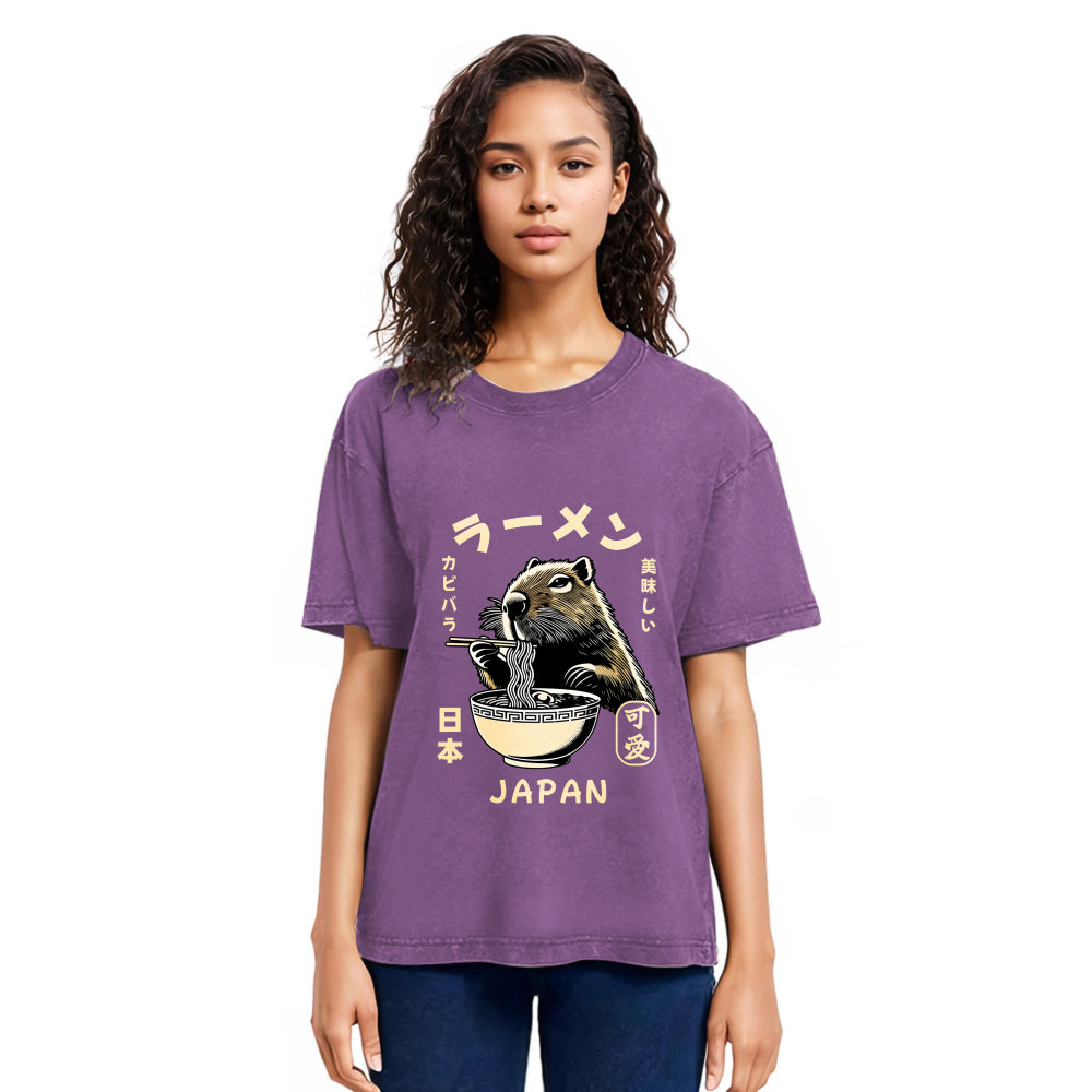 Tokyosol Retro Capybara Eating Ramen Japanese Washed T-Shirt