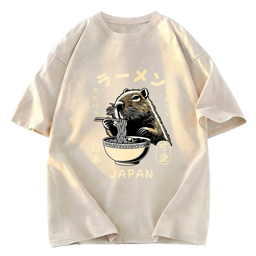 Tokyosol Retro Capybara Eating Ramen Japanese Washed T-Shirt