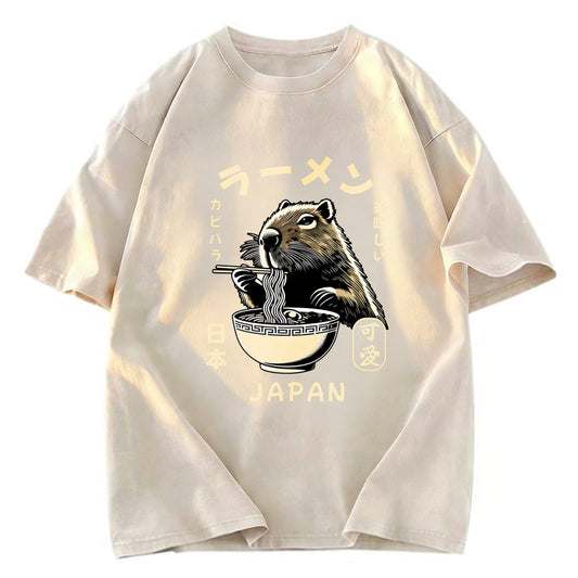 Tokyosol Retro Capybara Eating Ramen Japanese Washed T-Shirt