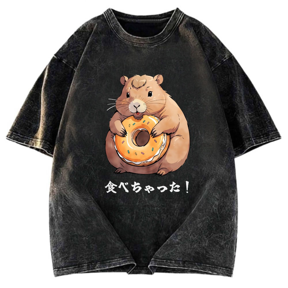 Tokyosol Cute Capybara Is Eating A Donut Washed T-Shirt