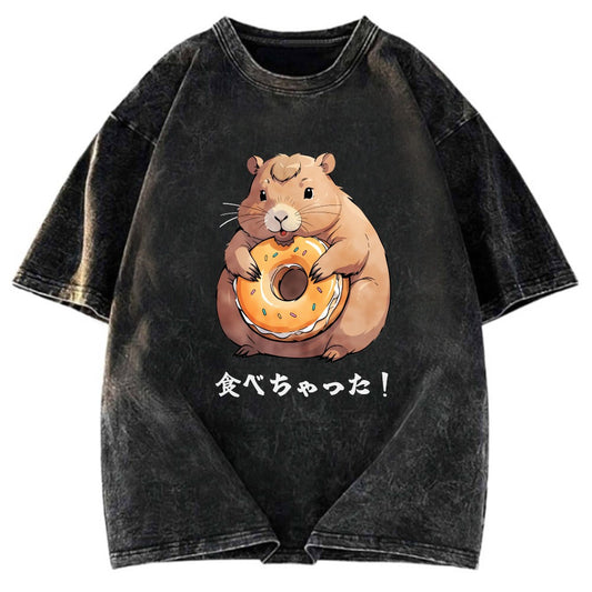 Tokyosol Cute Capybara Is Eating A Donut Washed T-Shirt