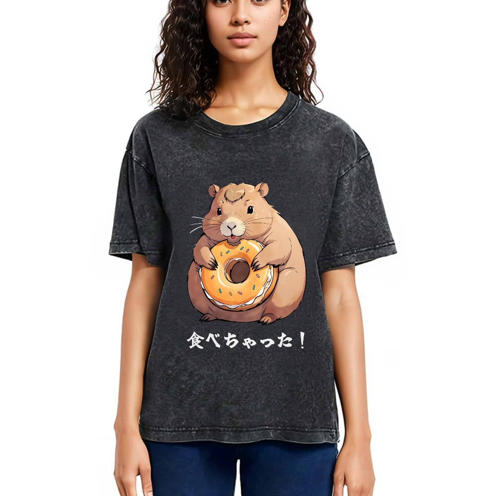 Tokyosol Cute Capybara Is Eating A Donut Washed T-Shirt