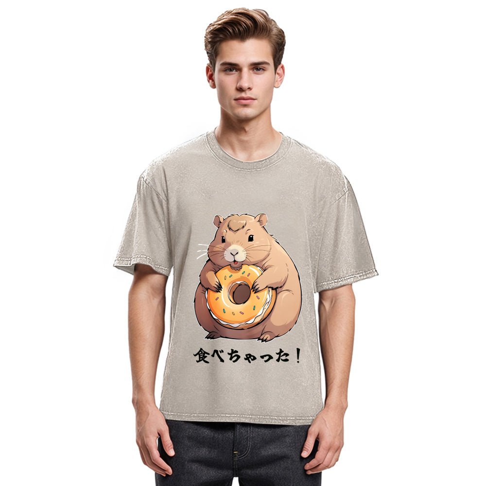Tokyosol Cute Capybara Is Eating A Donut Washed T-Shirt