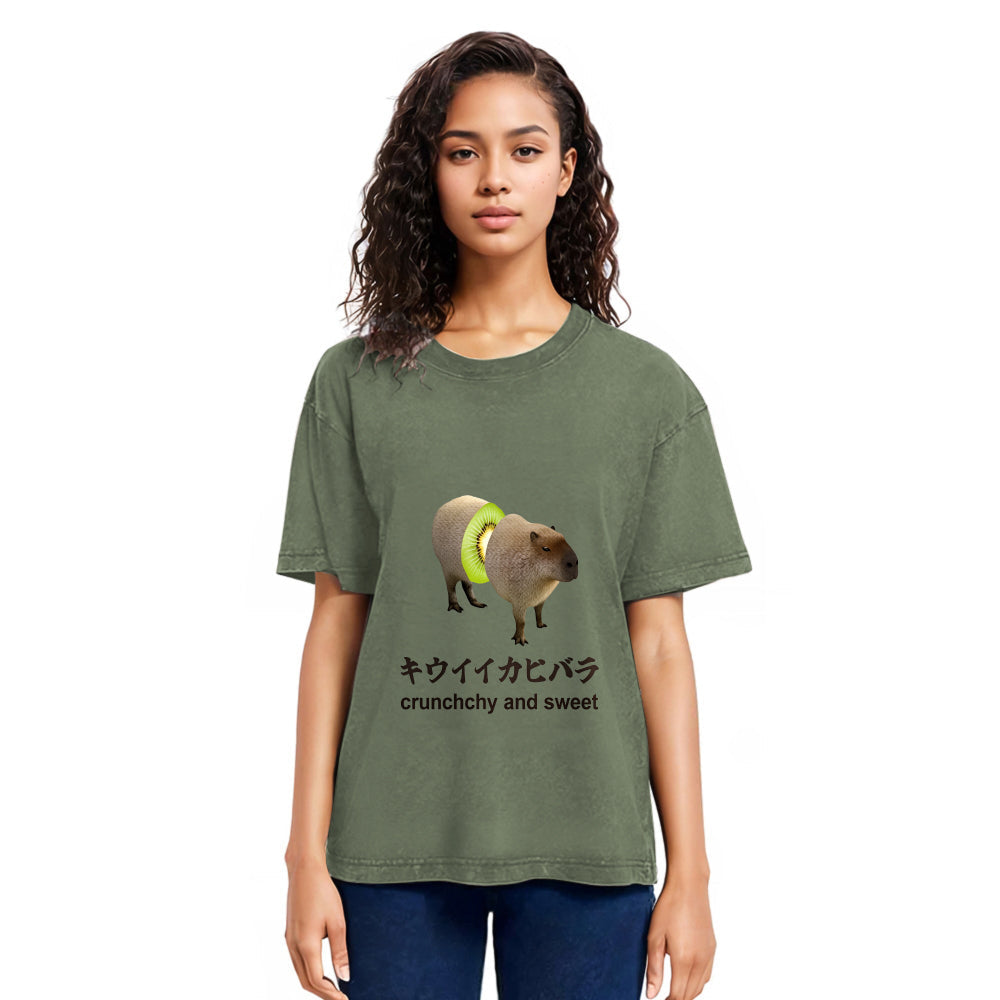 Tokyosol Kiwi Capybara Funny Meme Washed T-Shirt