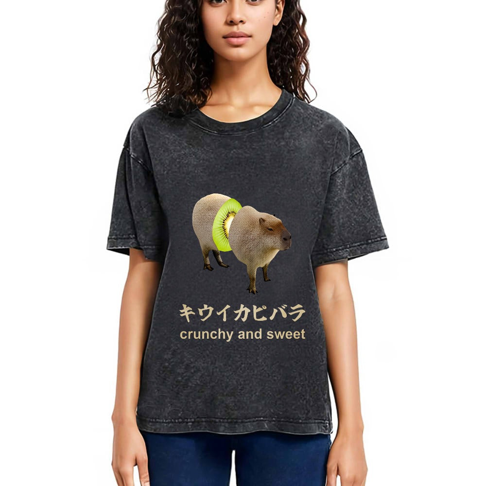 Tokyosol Kiwi Capybara Funny Meme Washed T-Shirt