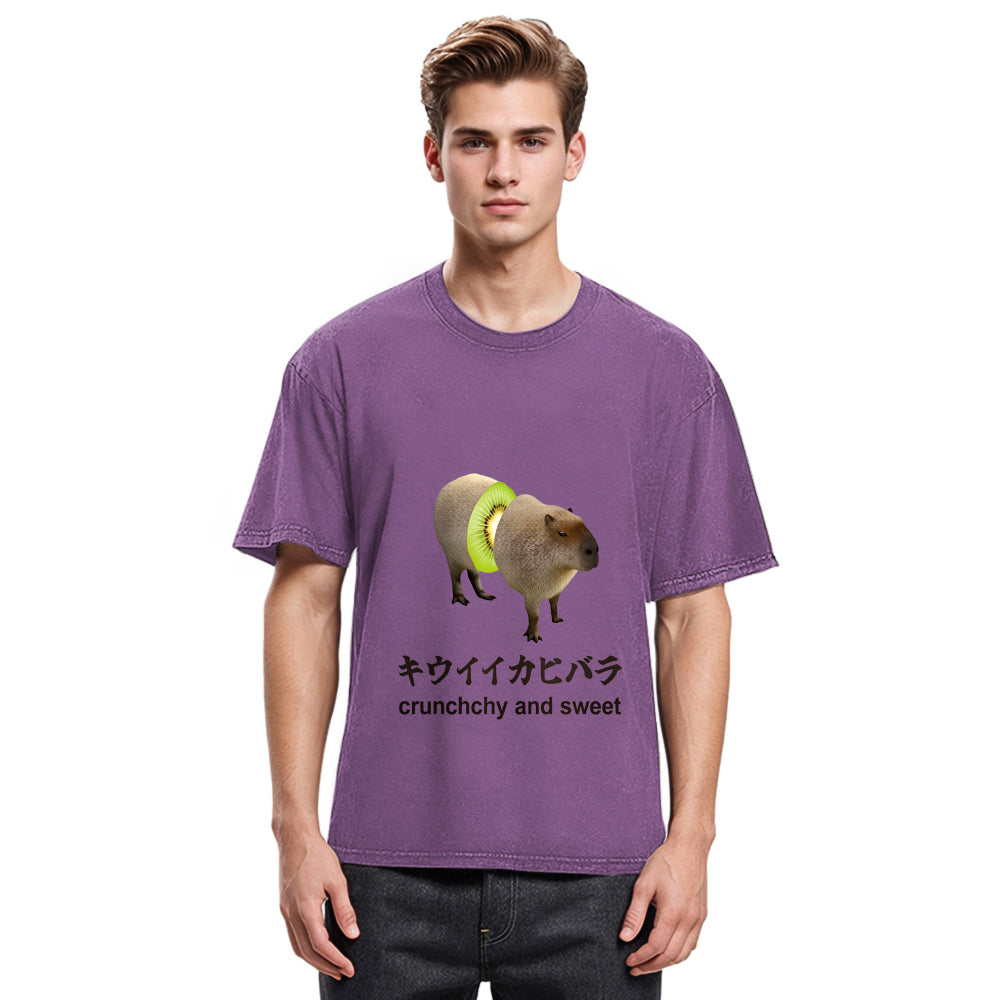 Tokyosol Kiwi Capybara Funny Meme Washed T-Shirt