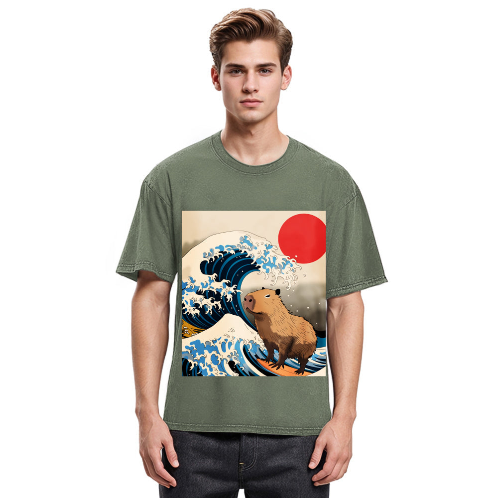 Tokyosol Funny Capybara Surfing Washed T-Shirt