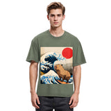 Tokyosol Funny Capybara Surfing Washed T-Shirt