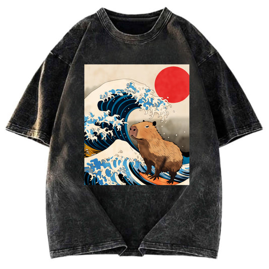Tokyosol Funny Capybara Surfing Washed T-Shirt