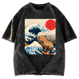 Tokyosol Funny Capybara Surfing Washed T-Shirt