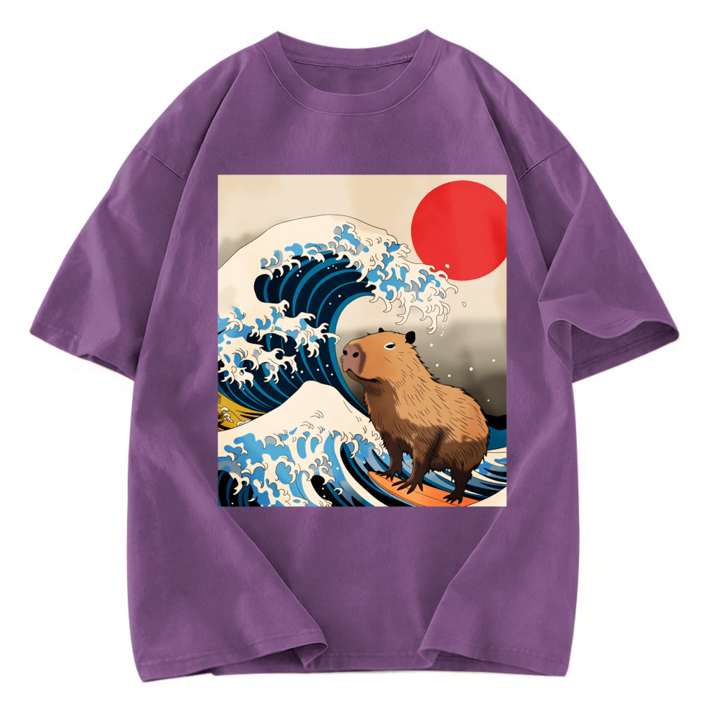Tokyosol Funny Capybara Surfing Washed T-Shirt