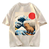 Tokyosol Funny Capybara Surfing Washed T-Shirt