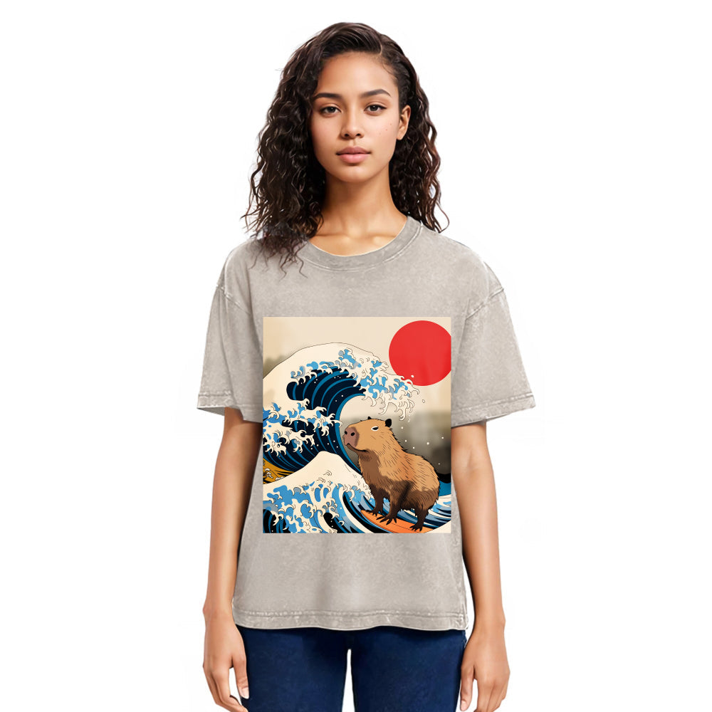 Tokyosol Funny Capybara Surfing Washed T-Shirt